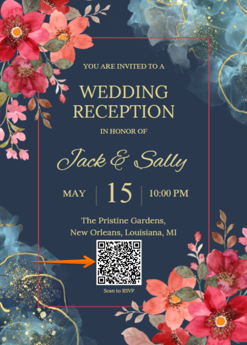 Floral wedding reception invitation featuring event details and a scannable RSVP QR code