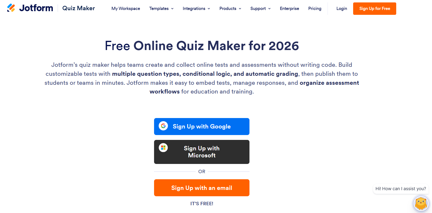 Jotform Quiz Maker landing page showing quiz creation features and signup options