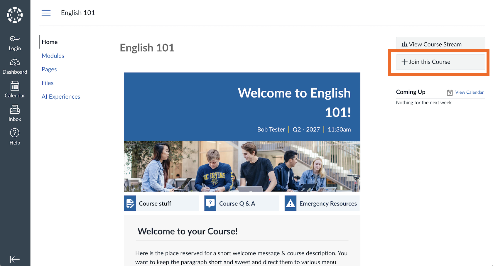 이 강좌에 참여(Join This Course) 버튼이 강조 표시된 Canvas LMS 영어 101(English 101) 강좌 홈페이지