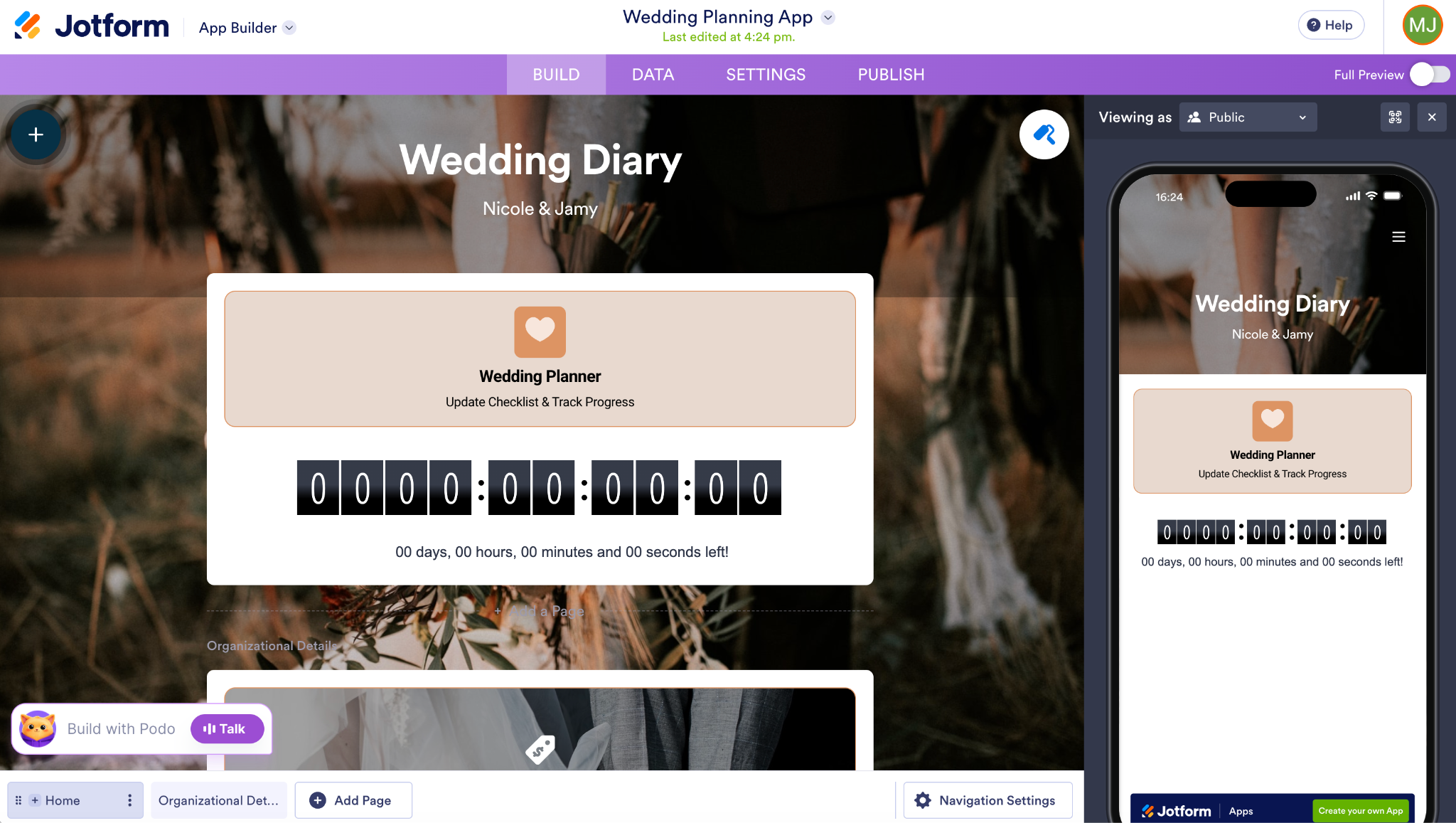 Jotform App Builder showing a wedding planning app with countdown timer and mobile preview
