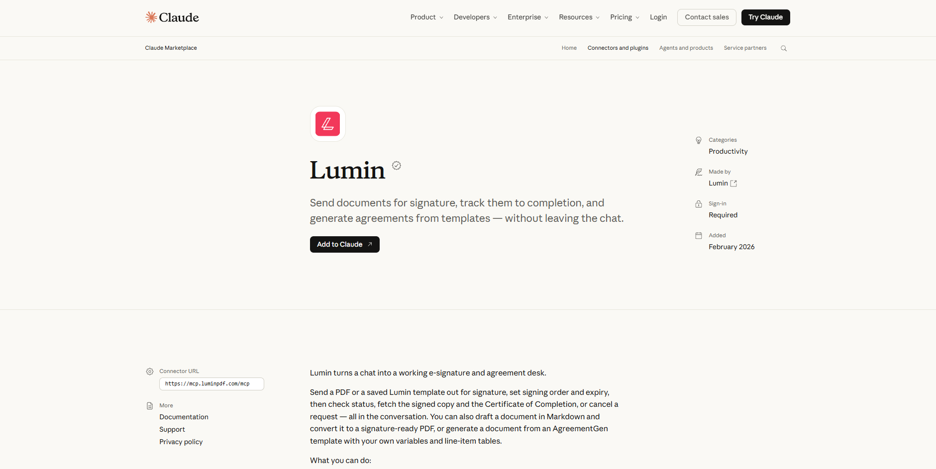 Lumin connector listing in Claude directory describing document signing and agreement management