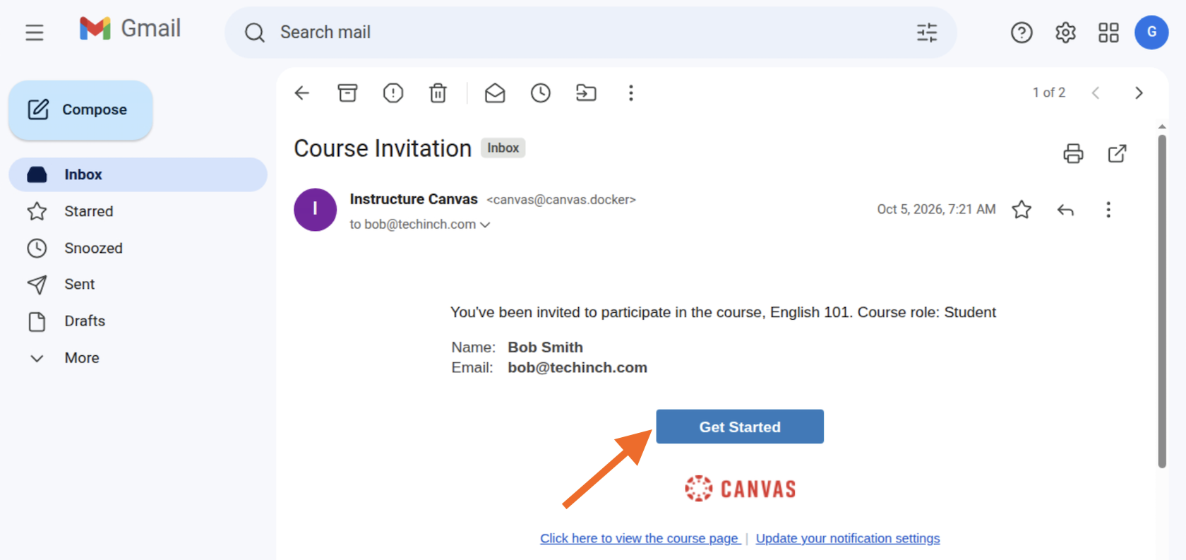 시작하기(Get Started) 버튼이 있는 Canvas의 Gmail 강좌 초대 이메일