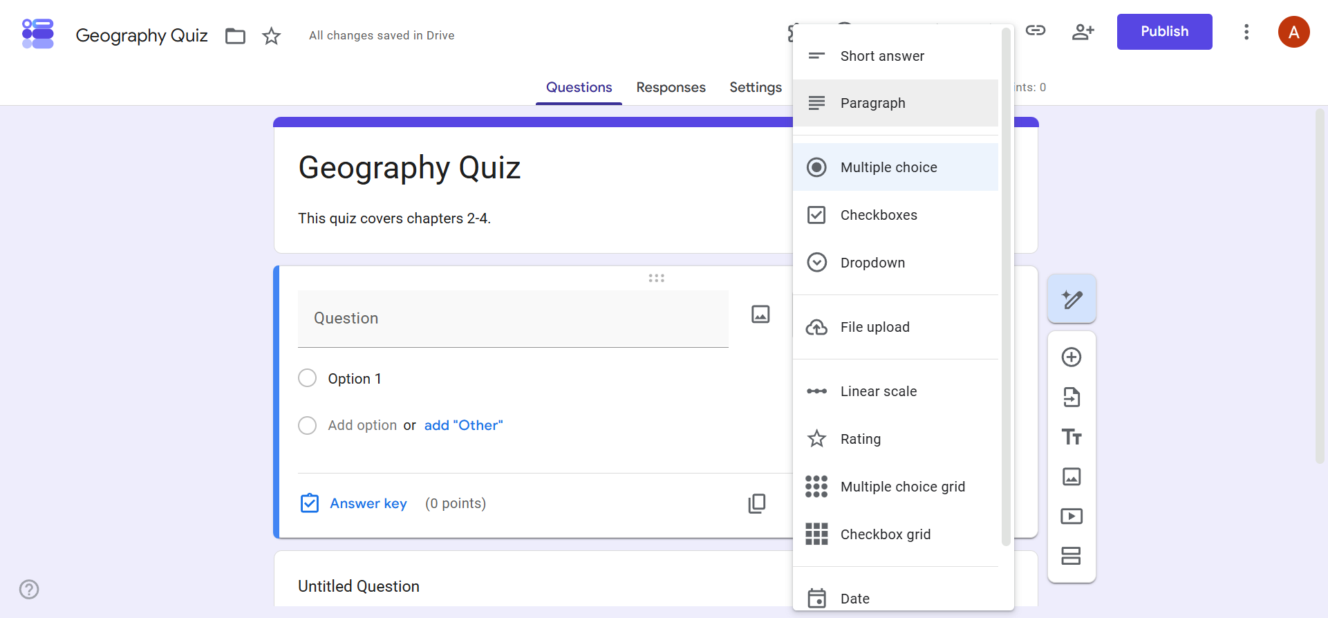 Google Forms question type dropdown displaying multiple choice, checkboxes, dropdown, and other formats