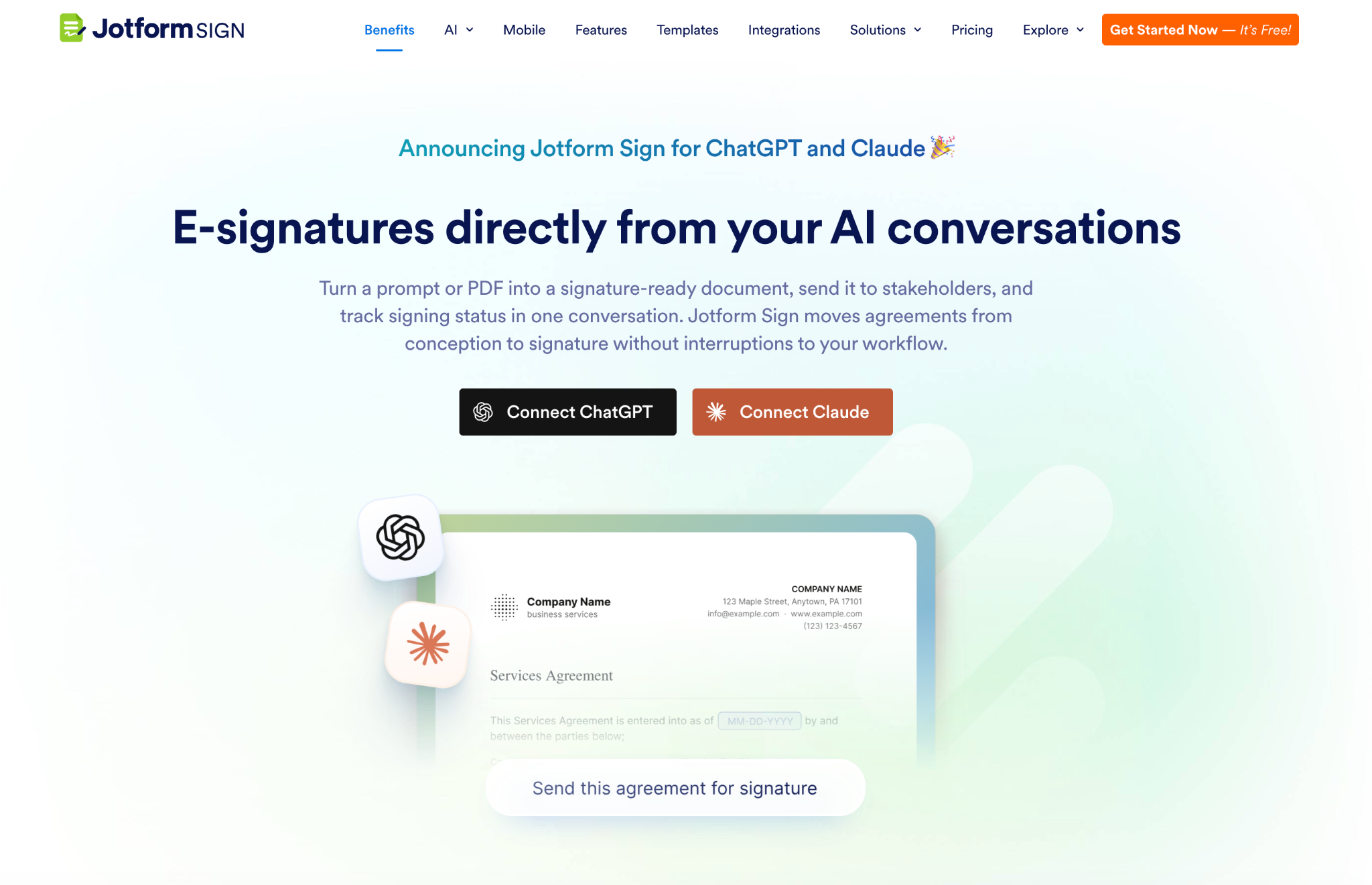 Jotform Sign website with the words: "E-signatures directly from your AI conversations"