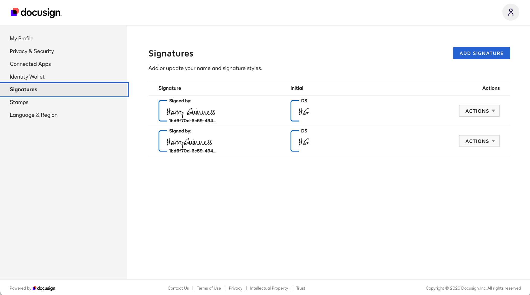 Docusign Signatures Menu