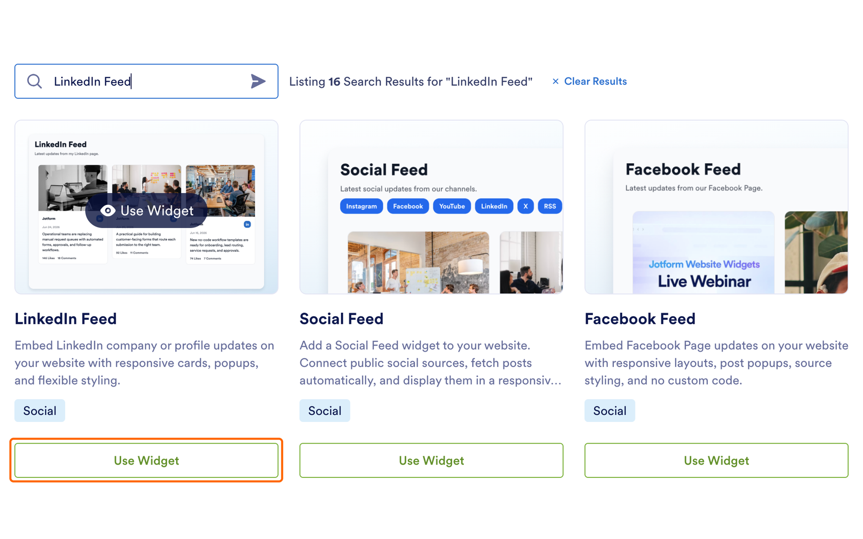 위젯 사용 버튼이 있는 LinkedIn 피드를 보여주는 Jform 웹사이트 위젯 검색 결과