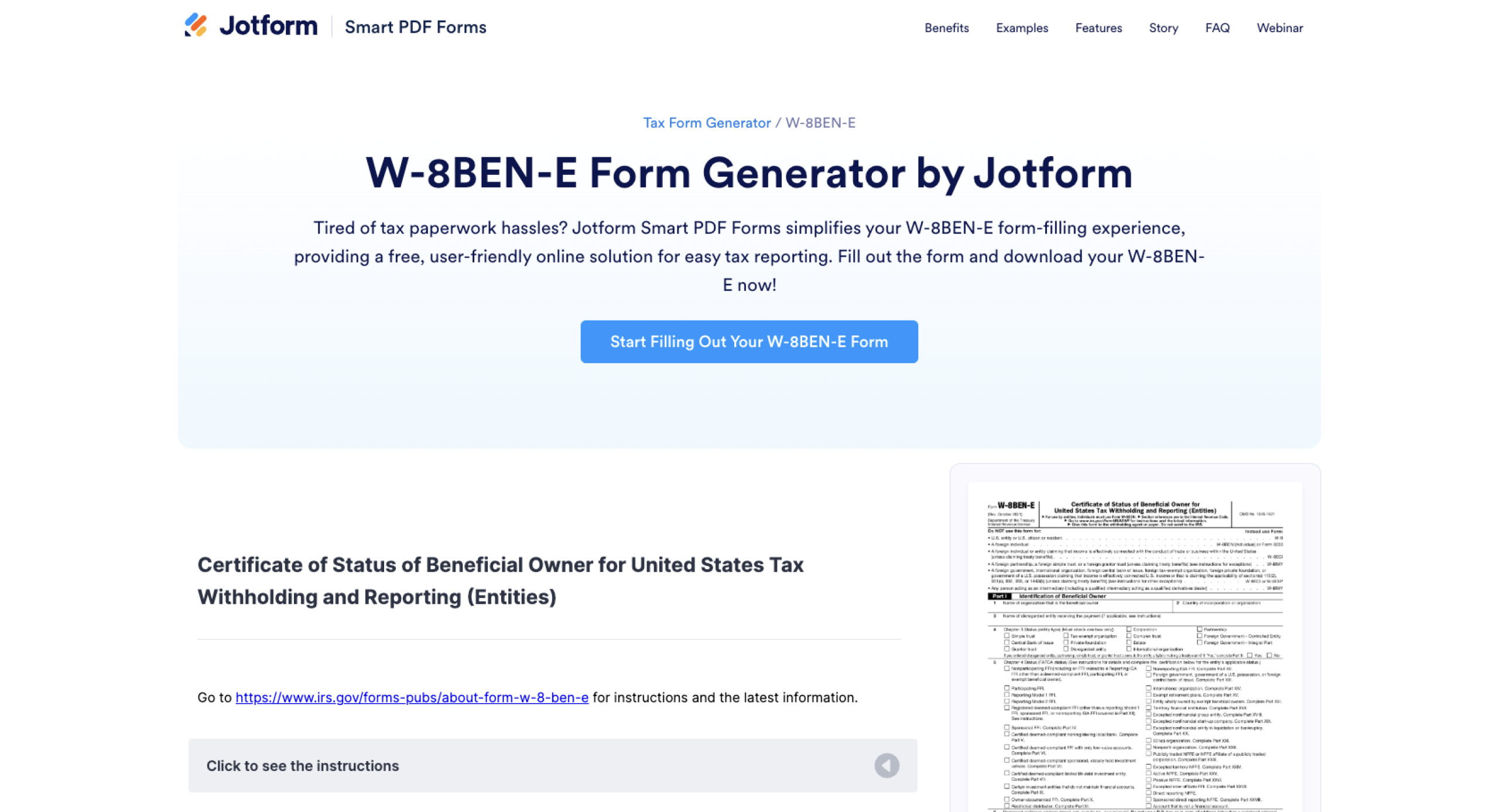 Jotform W-8BEN-E Form Generator Landing Page
