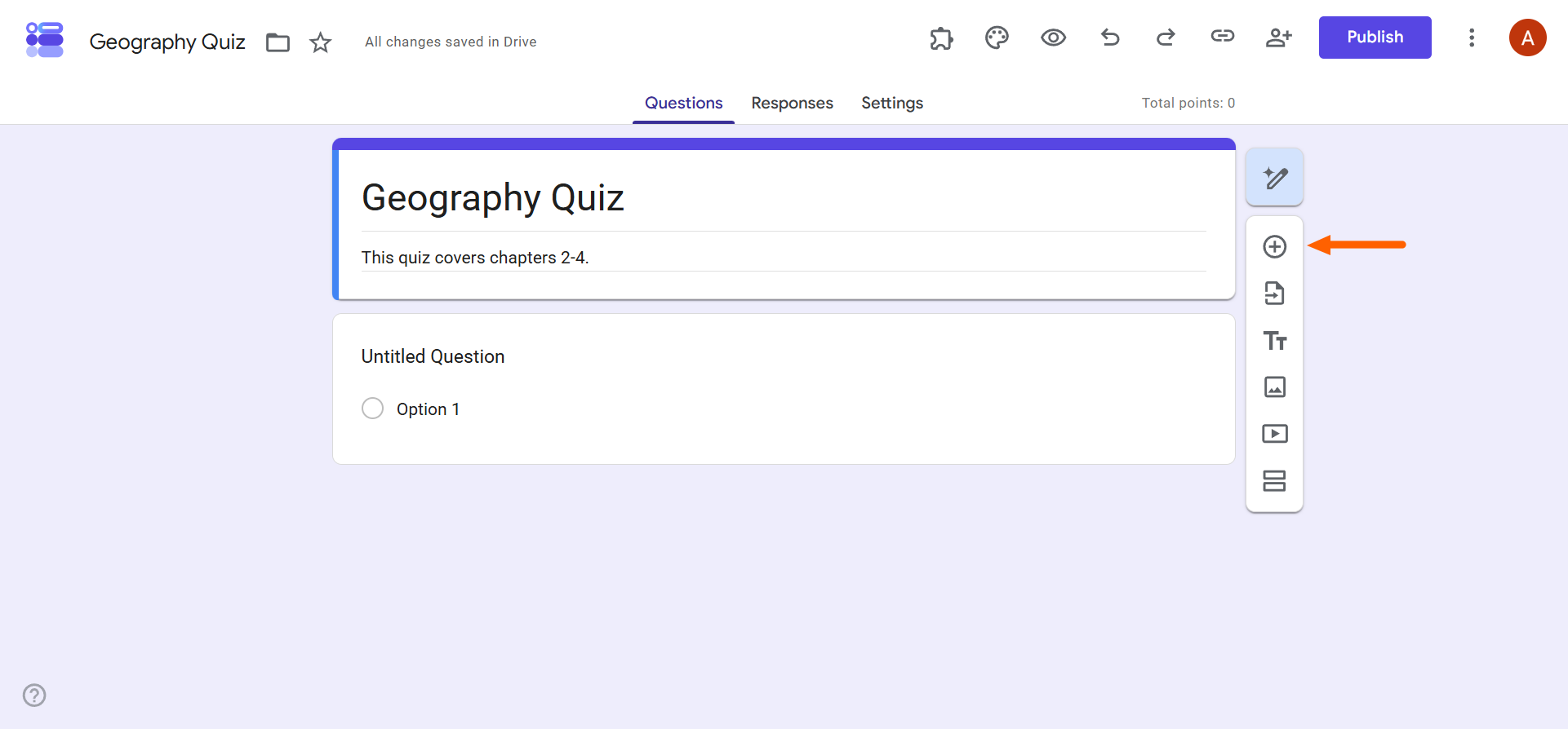 Google Forms quiz editor highlighting the plus icon used to add questions