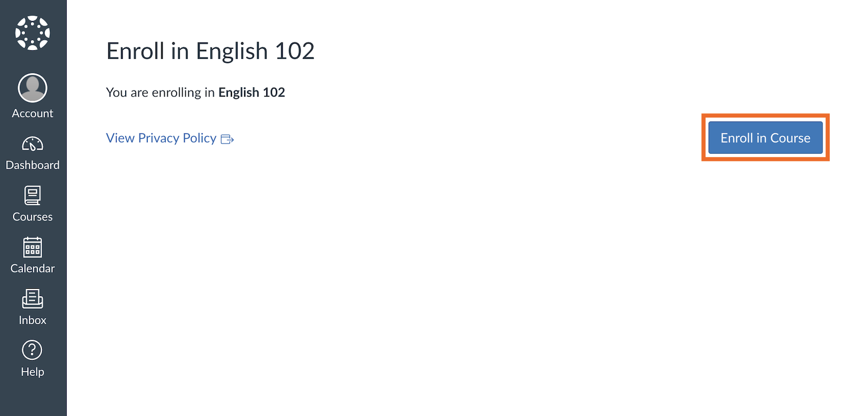 강좌에 등록(Enroll in Course) 버튼이 강조 표시된 Canvas LMS 영어 102(English 102) 강좌 등록 페이지