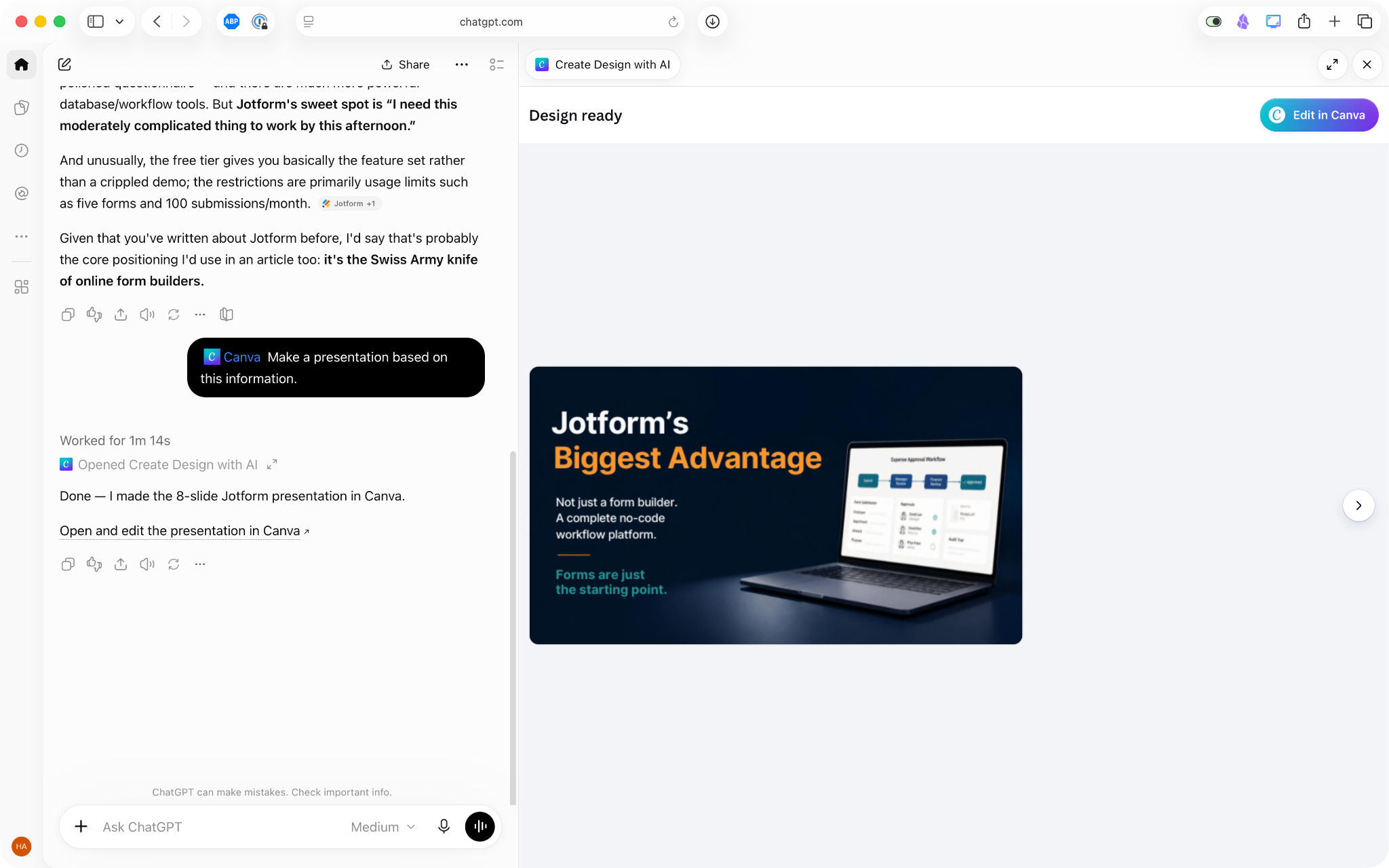 ChatGPT mostrando una diapositiva de presentación generada por Canva sobre la mayor ventaja de Jotform