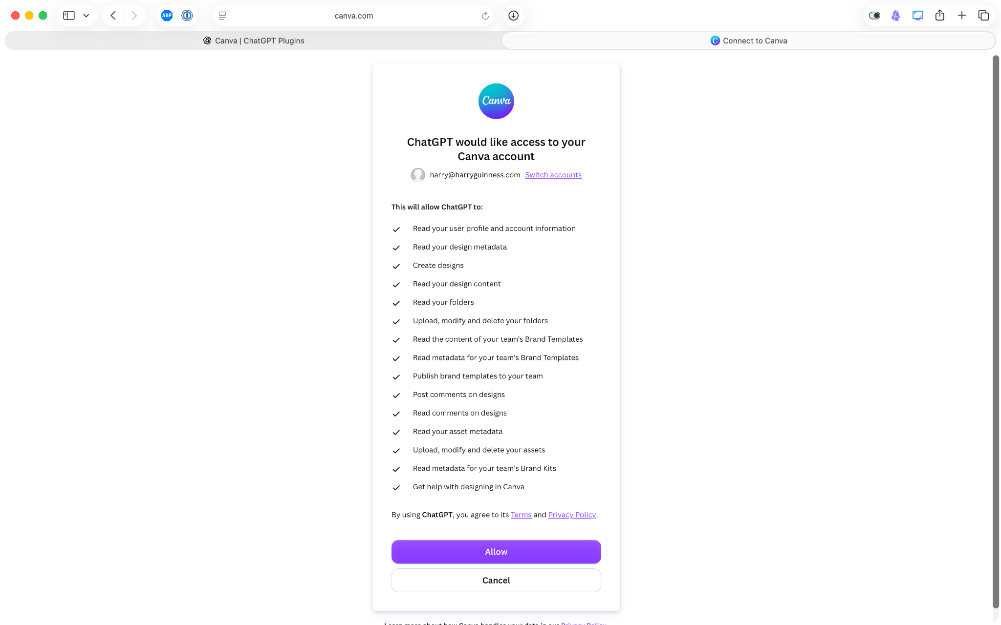 Página de autorización de la cuenta de Canva que enumera los permisos de ChatGPT y un botón de Permitir