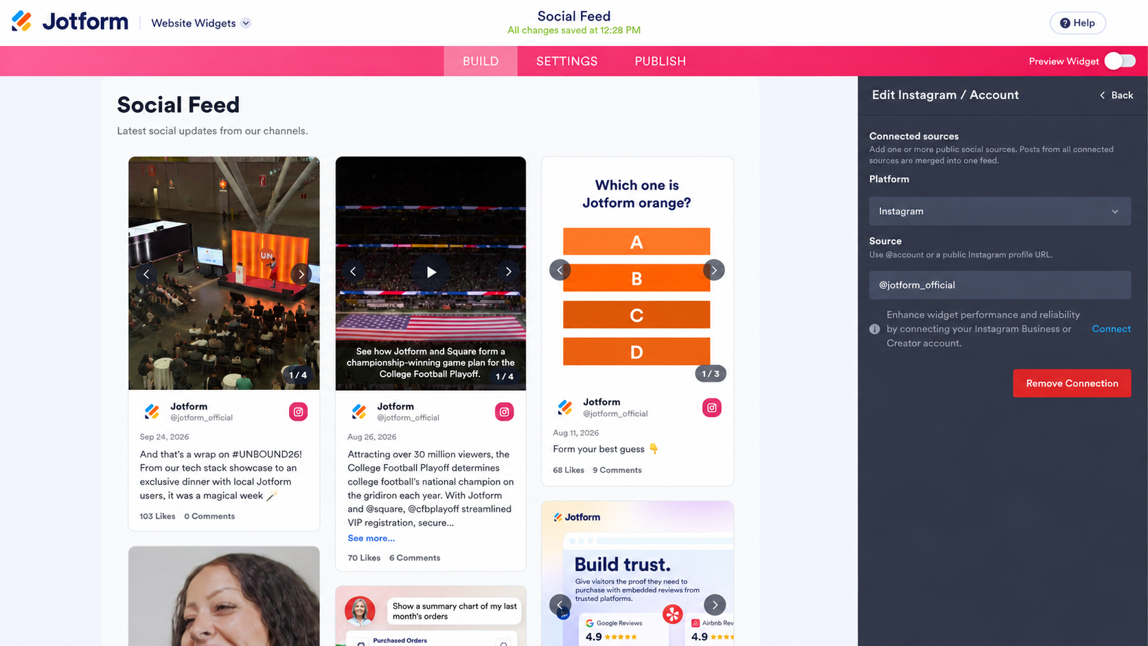 Jotform Social Feed editor showing Instagram posts in a multi-column feed with connected account settings open on the right