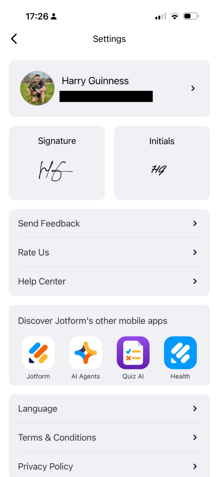 Jotform Sign Mobile Settings Page