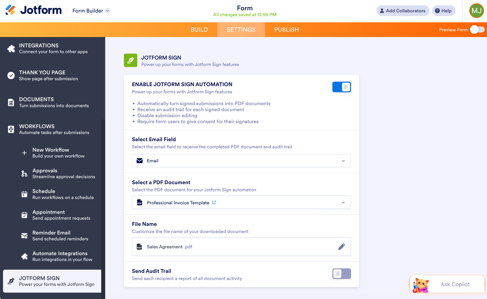 Jotform Form Builder interface showing the Jotform Sign settings under the Settings tab