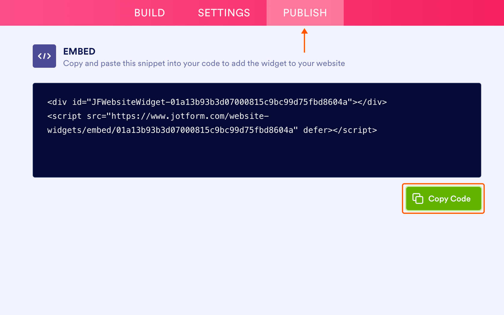 HTML 임베드 코드와 녹색 코드 복사 버튼을 표시하는 Jform 위젯 게시 탭