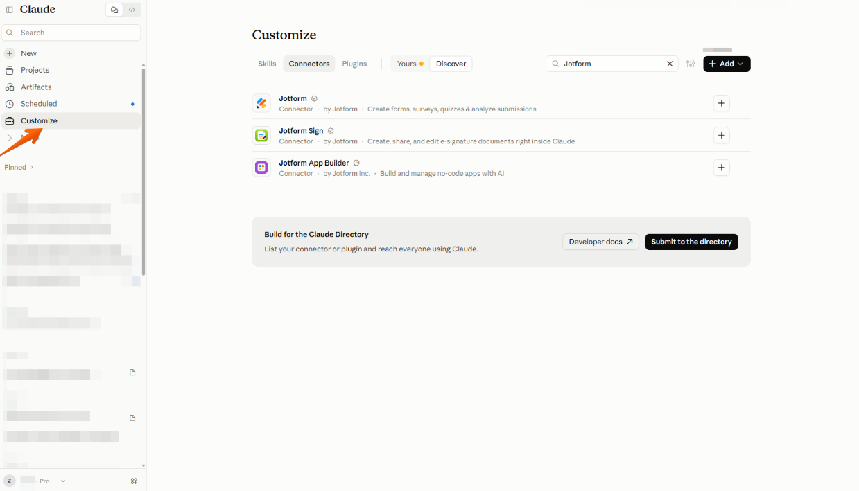 Claude Customize page displaying Jotform connectors available to add