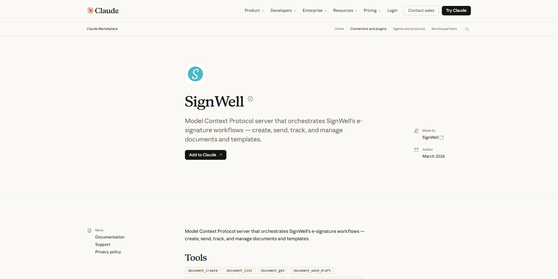 SignWell connector listing in Claude directory showing electronic signature management features