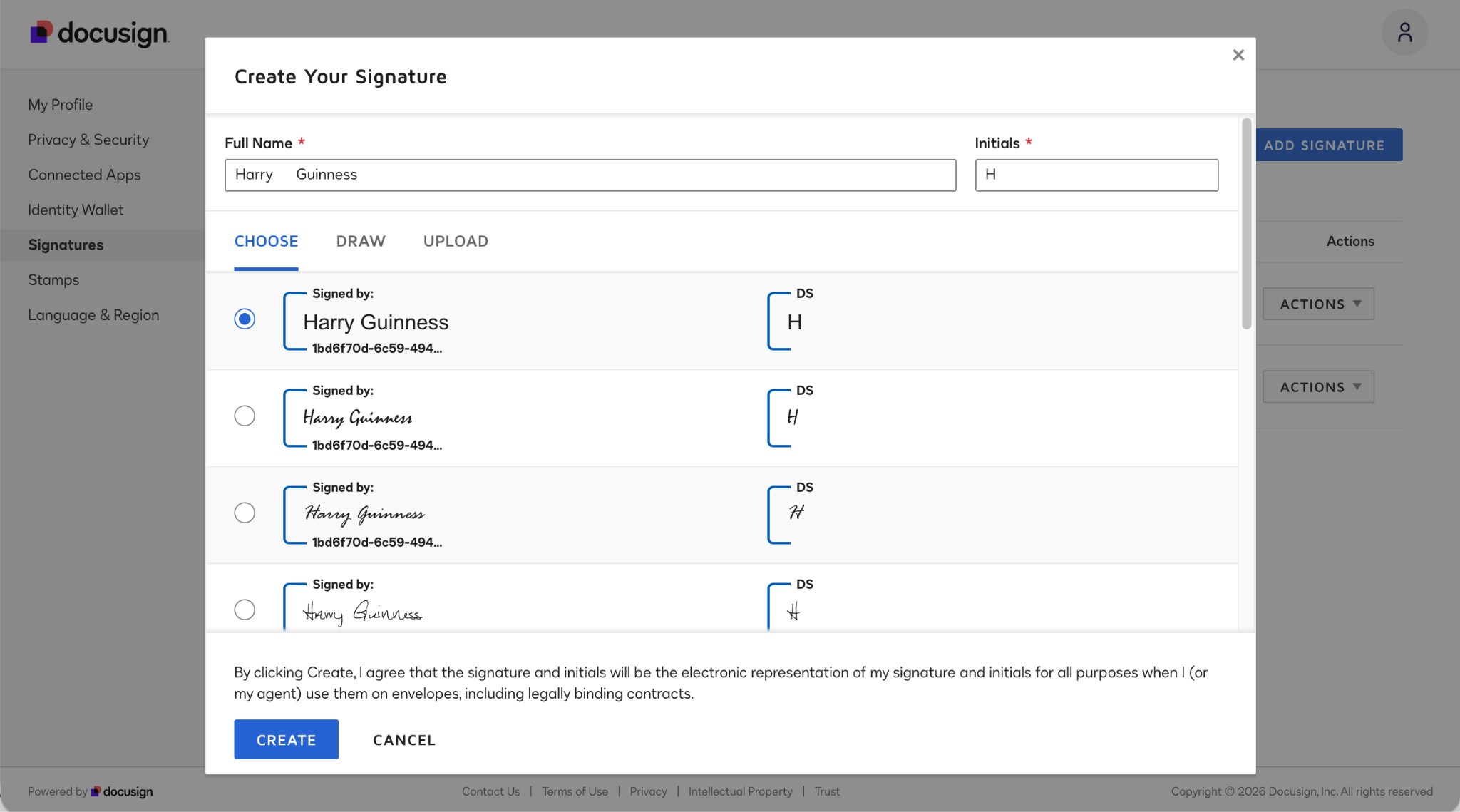 Docusign Signatures Menu "Create Your Signature" menu pop-up Choosing a signature