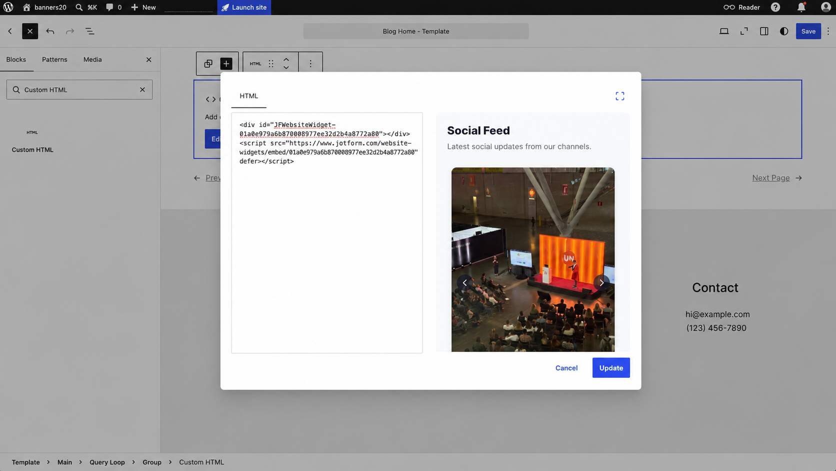 WordPress Custom HTML editor showing a Jotform Social Feed widget preview with an event photo and embed code