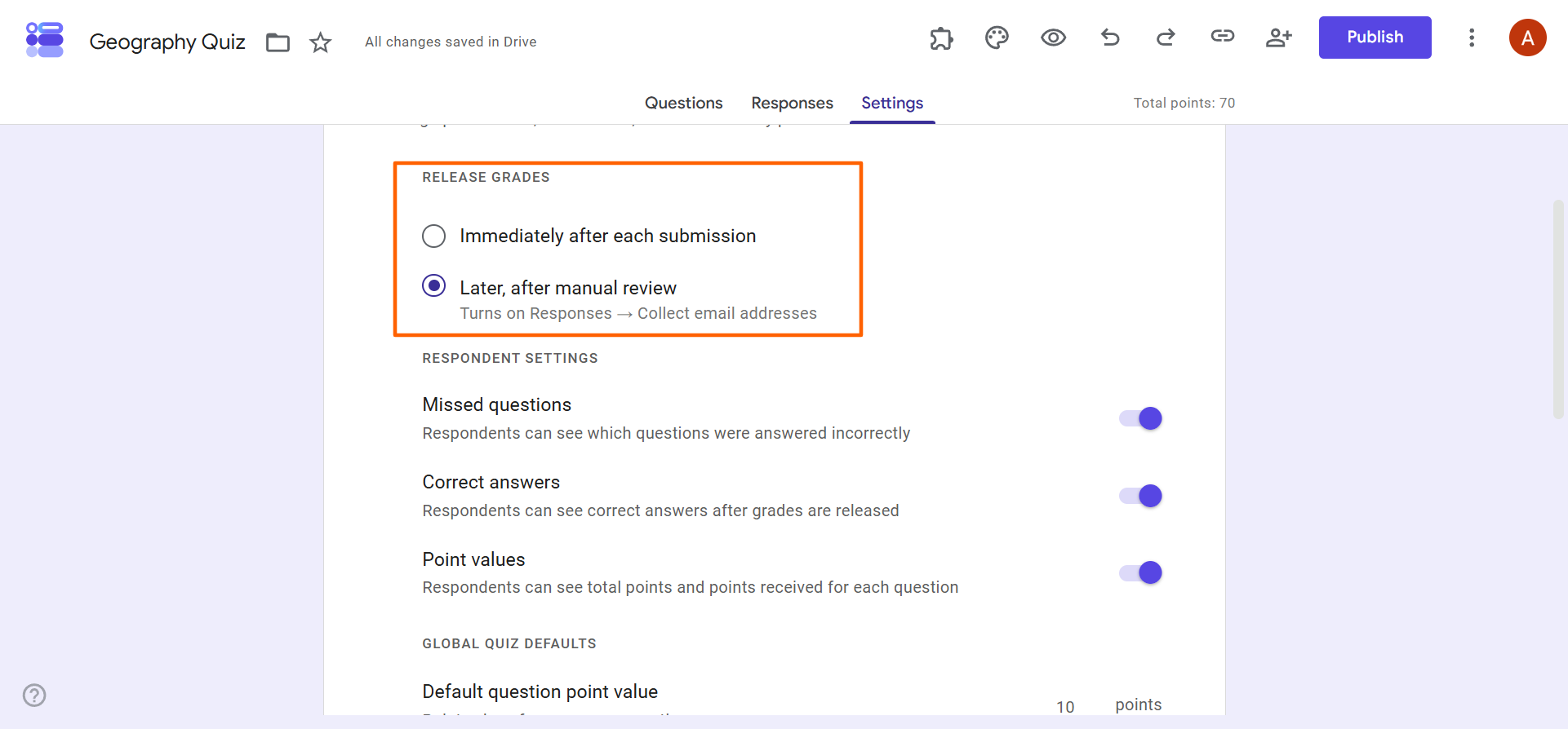 Google Forms Release grades settings with Later, after manual review selected