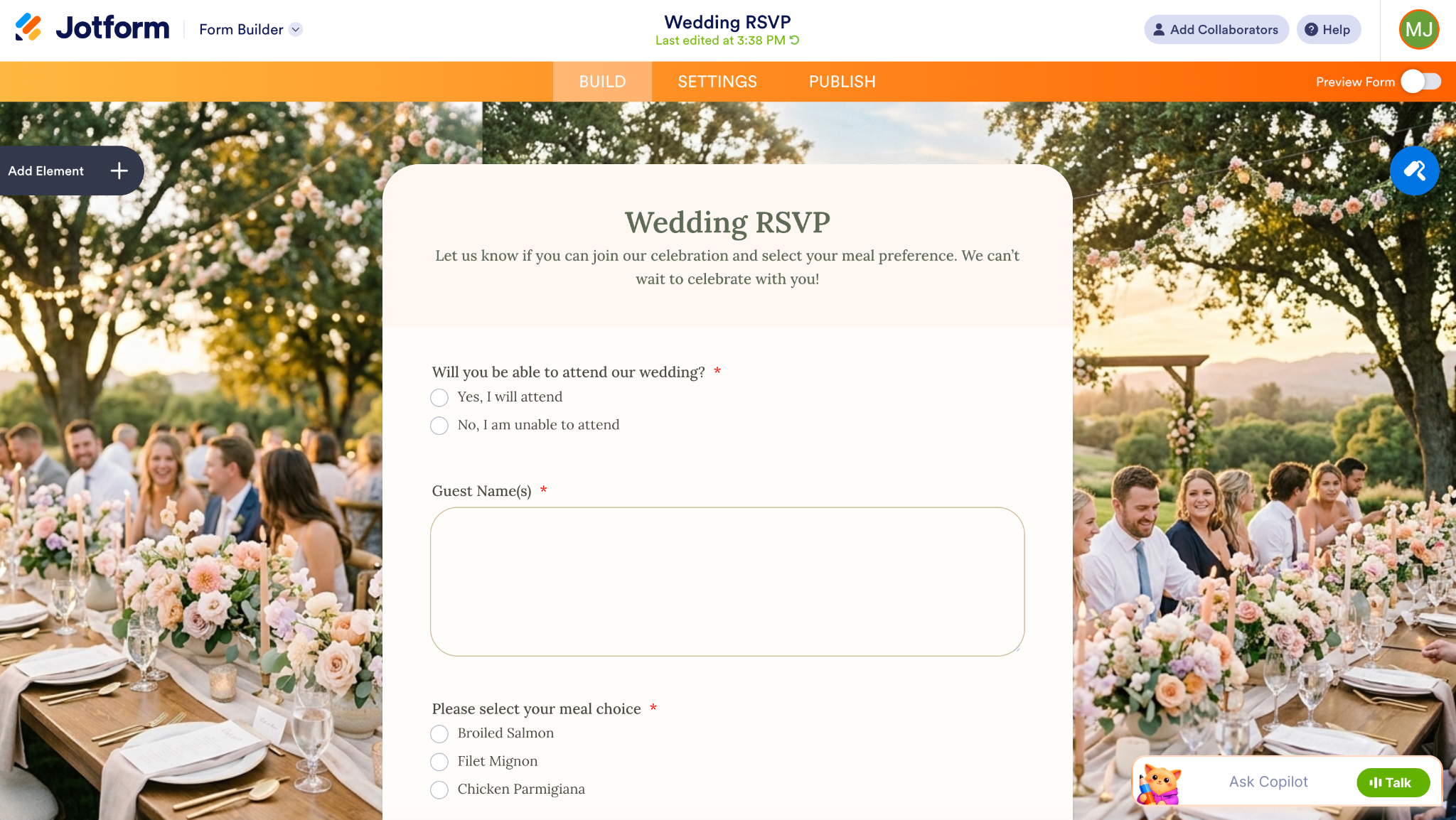 Jotform Form Builder displaying a wedding RSVP form with attendance and meal selection fields
