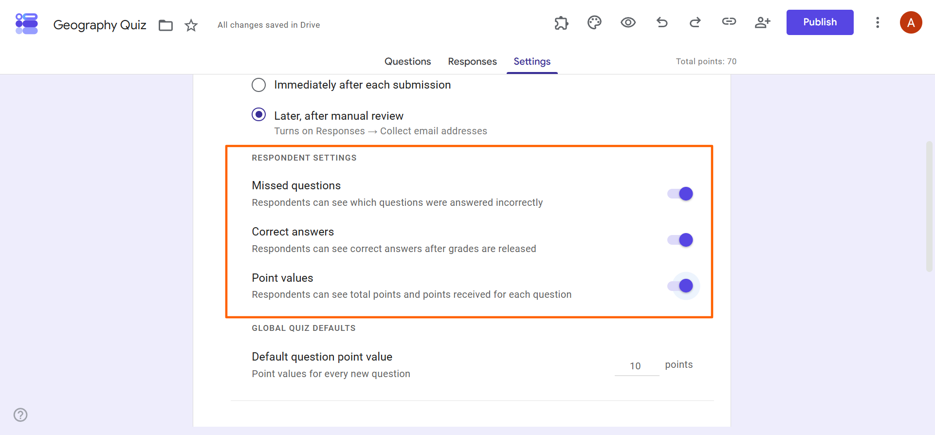 Google Forms respondent settings with missed questions, correct answers, and point values enabled