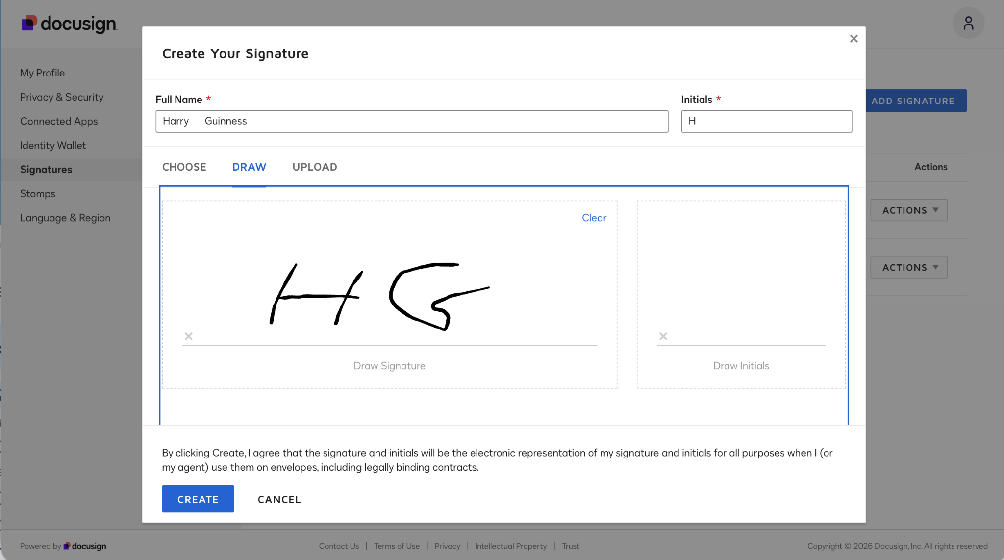 Docusign Signatures Menu "Create Your Signature" menu pop-up Drawing your signature option