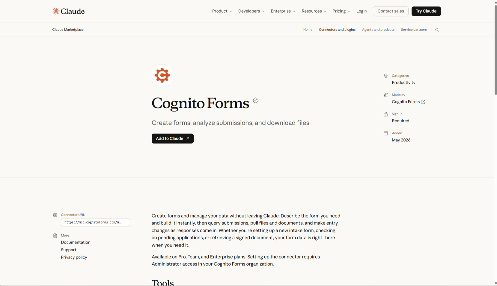 양식 관리 및 제출 기능을 보여주는 Claude 마켓플레이스의 Cognito Forms 커넥터 목록
