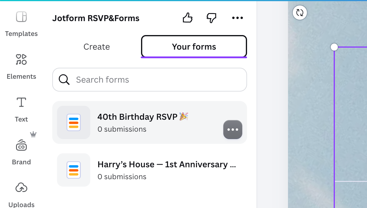 App Jotform RSVP&Forms in Canva che elenca i moduli esistenti sotto I tuoi moduli