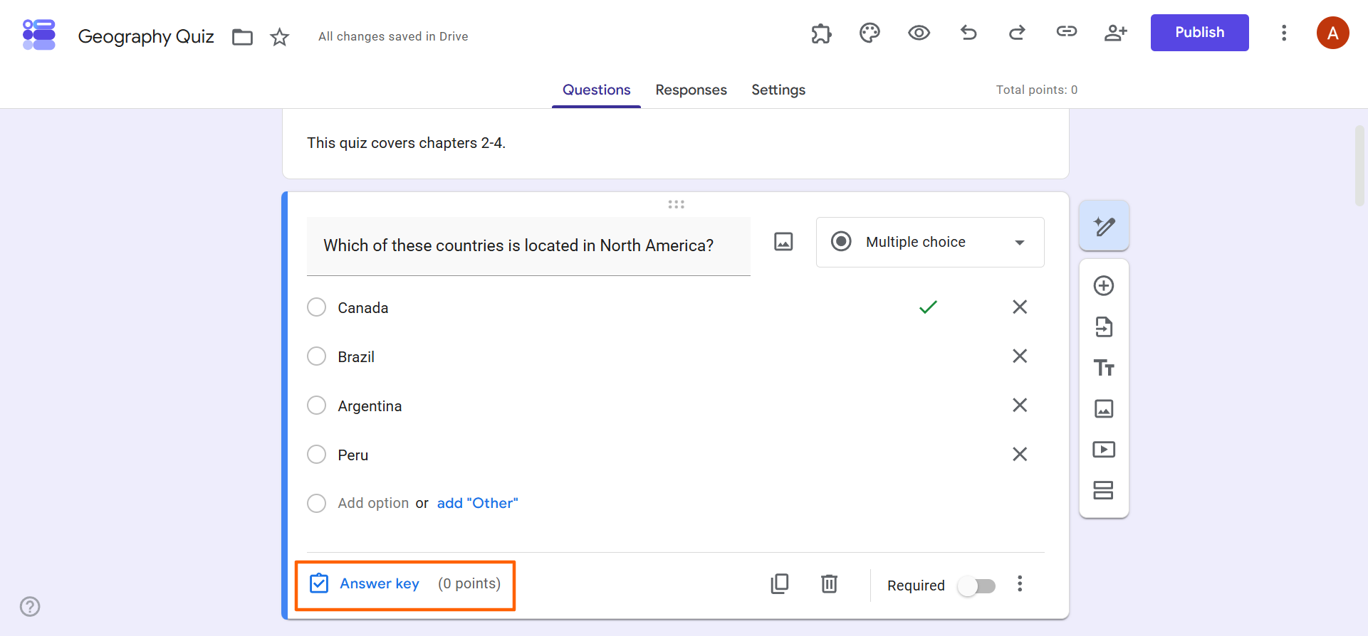 Google Forms multiple-choice geography question with the Answer key option highlighted