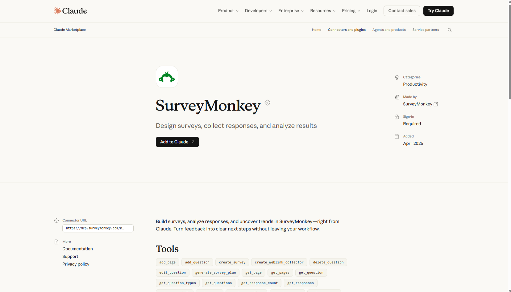 설문조사 생성 및 응답 분석 기능을 보여주는 Claude 마켓플레이스의 SurveyMonkey 커넥터 목록