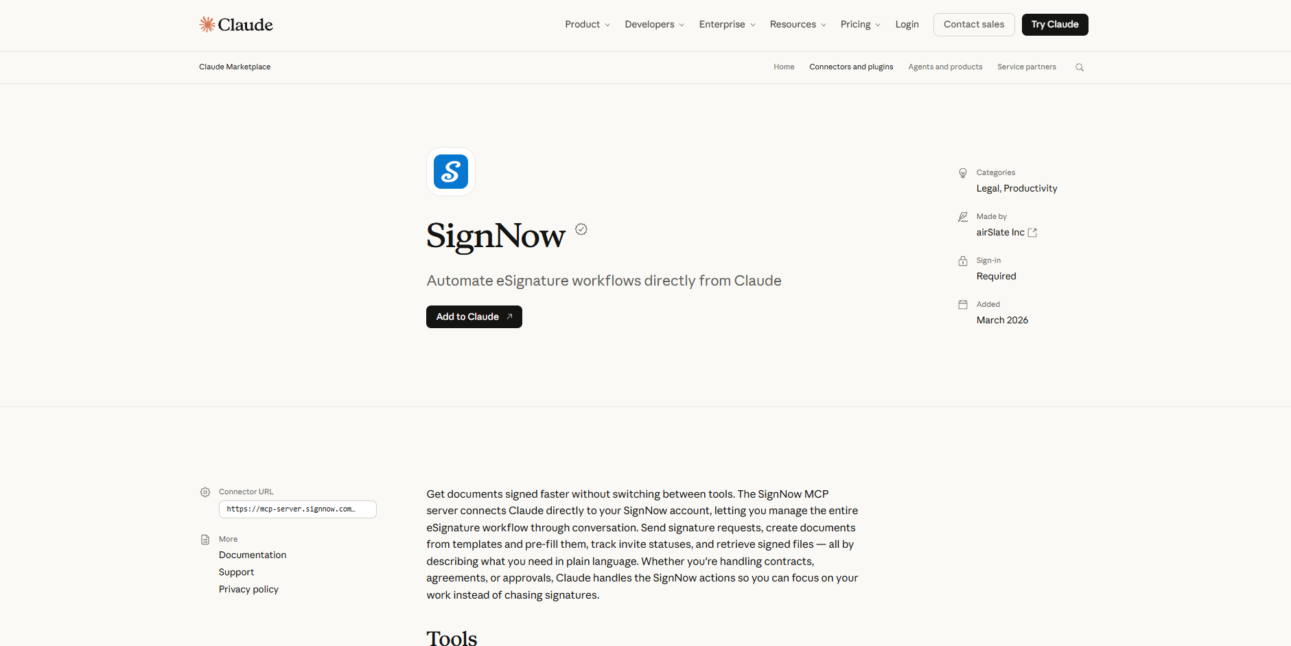 SignNow connector listing in Claude directory with electronic signature workflow details