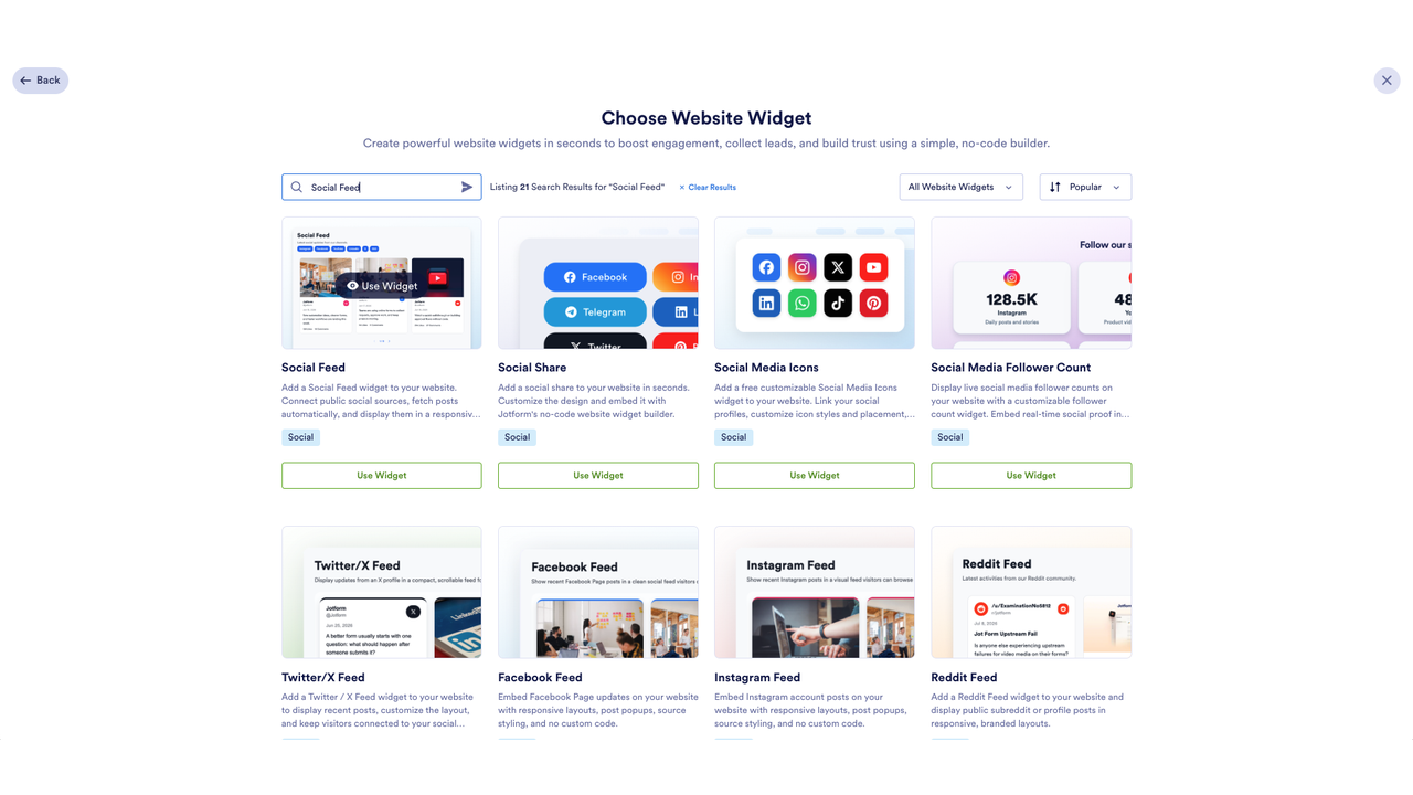Jotform Website Widgets search results showing Social Feed, Social Share, Social Media Icons, follower count, and platform-specific feed widgets