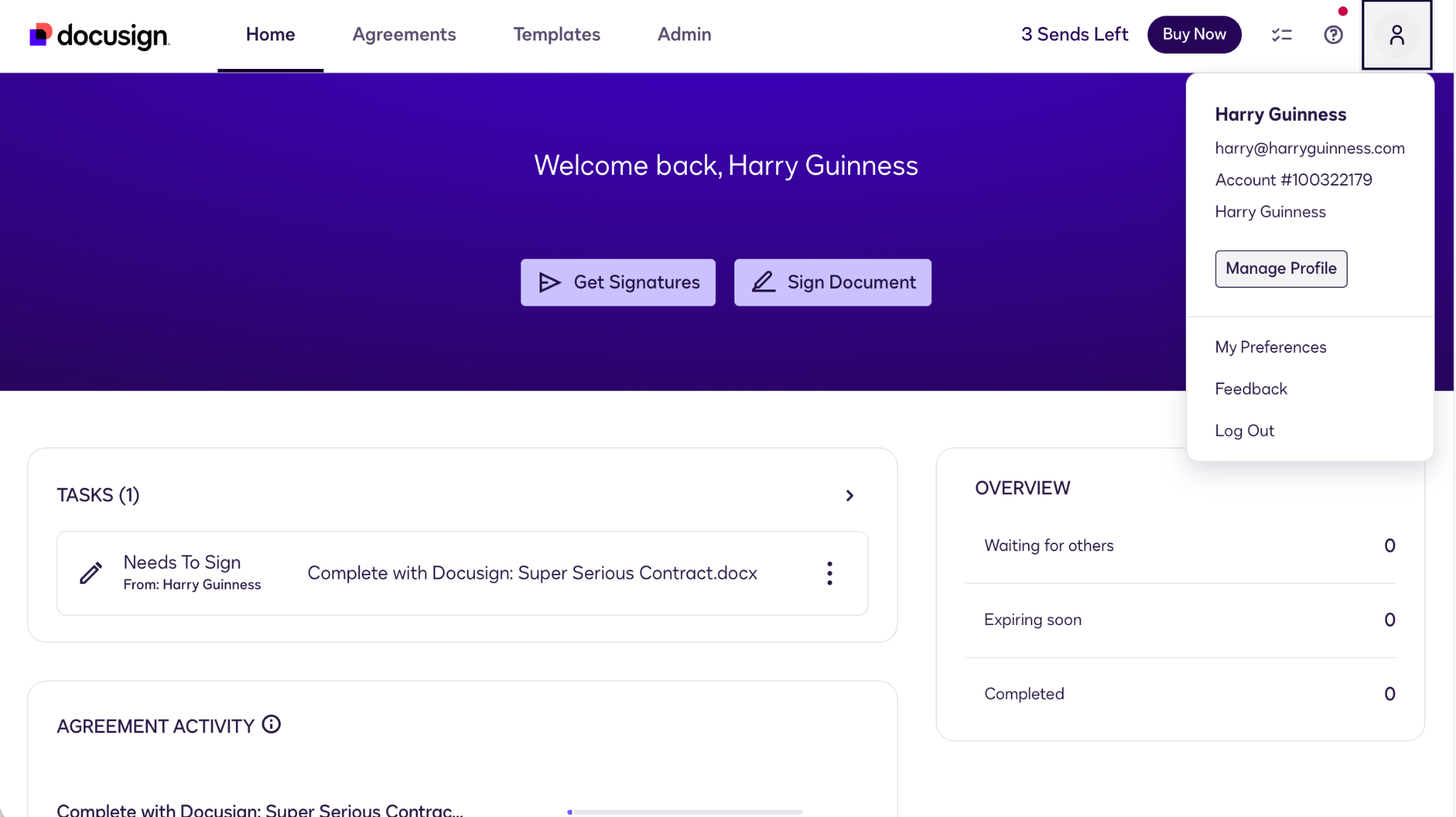 Docusign Home Page Profile Menu Button at the top right corner