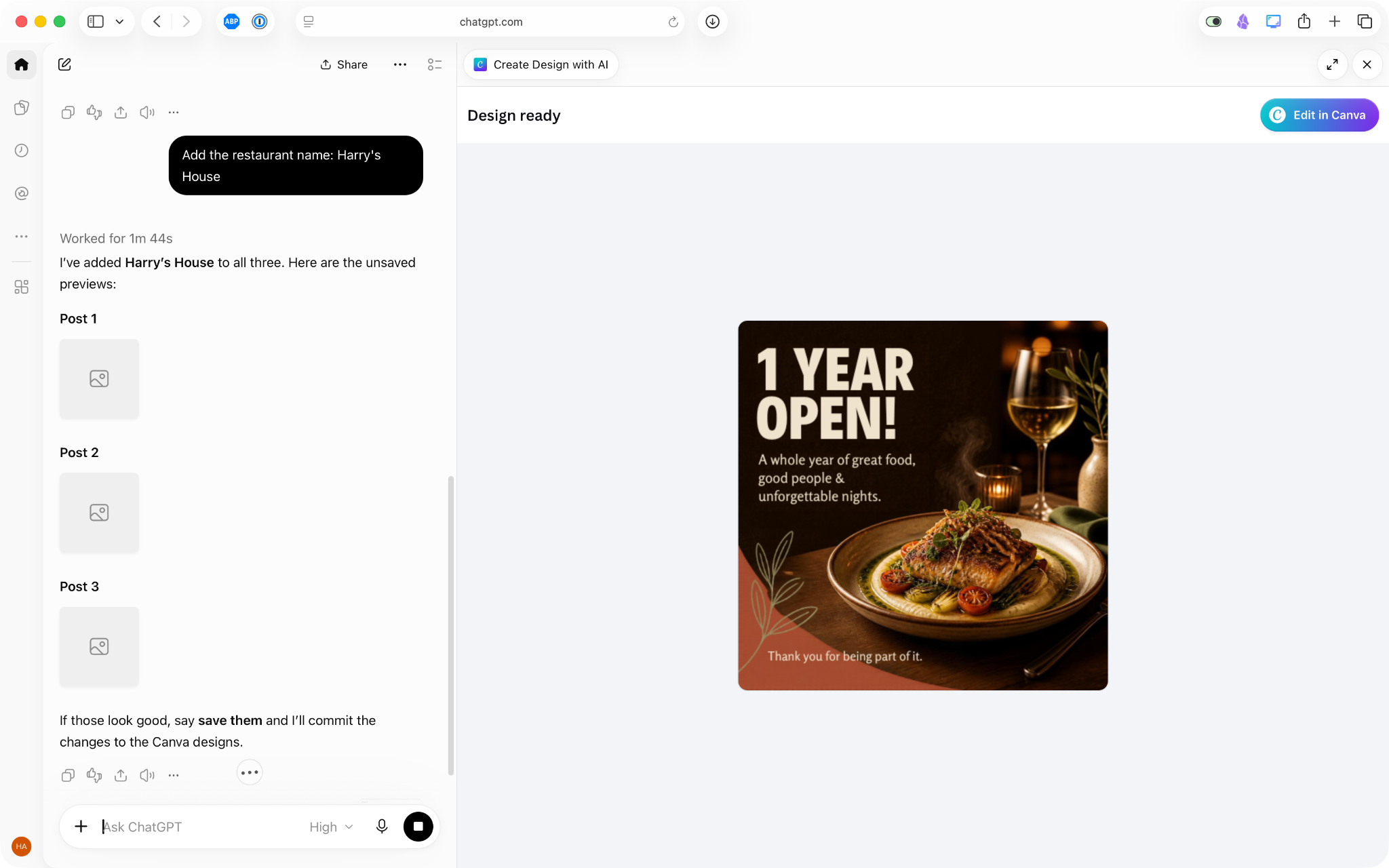 ChatGPT mostrando una publicación de aniversario de restaurante generada por Canva con las revisiones de diseño solicitadas