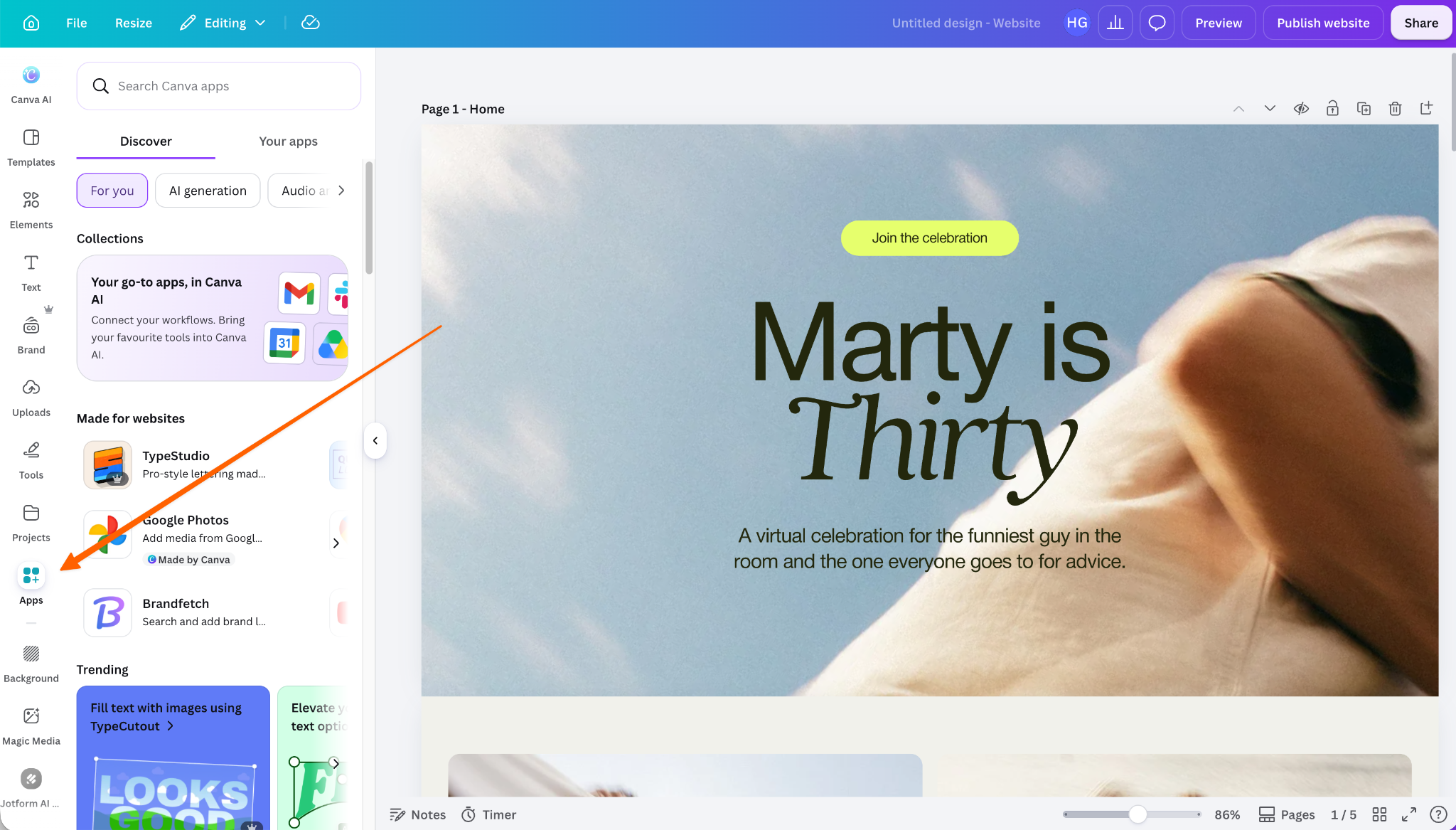 Barra laterale delle app di Canva che mostra le integrazioni disponibili accanto a un design di sito per eventi di compleanno