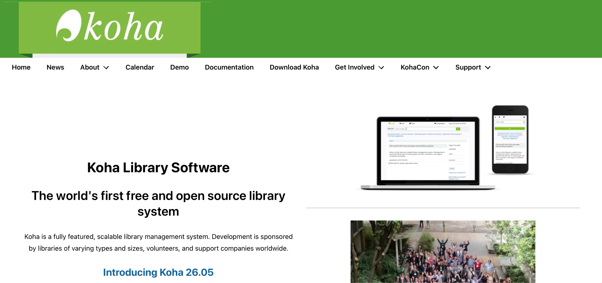 Screenshot of the Koha Library Software landing page