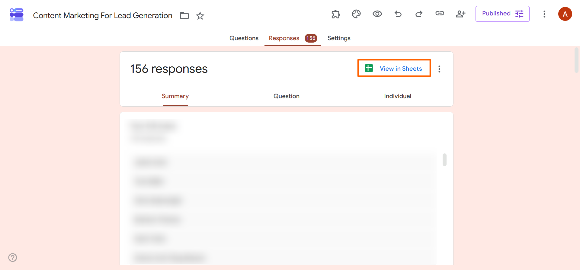 Google Forms Responses tab showing the View in Sheets button for exporting submissions