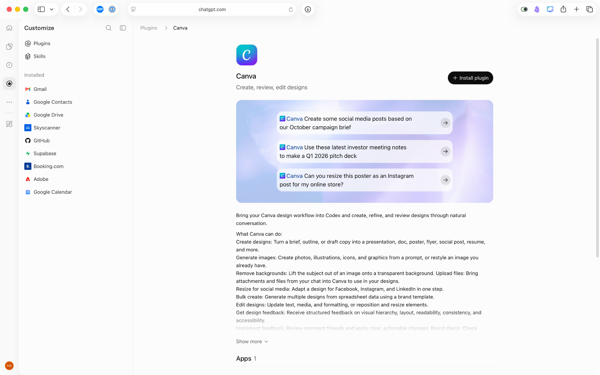 Página de detalles del plugin de Canva en ChatGPT con botón de instalación y ejemplos de prompts de diseño