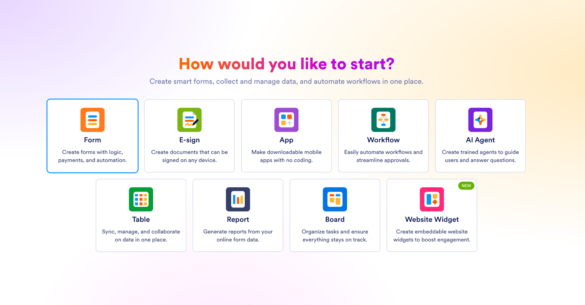 Schermata di creazione di Jotform che mostra le opzioni per moduli, app, flussi di lavoro e altri strumenti