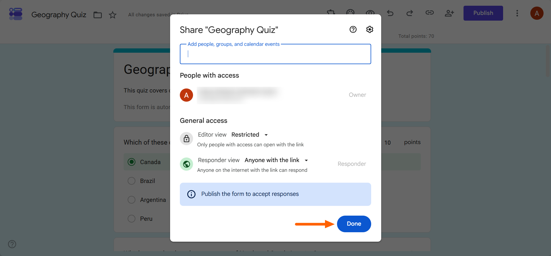 Google Forms sharing dialog showing general access permissions and the Done button