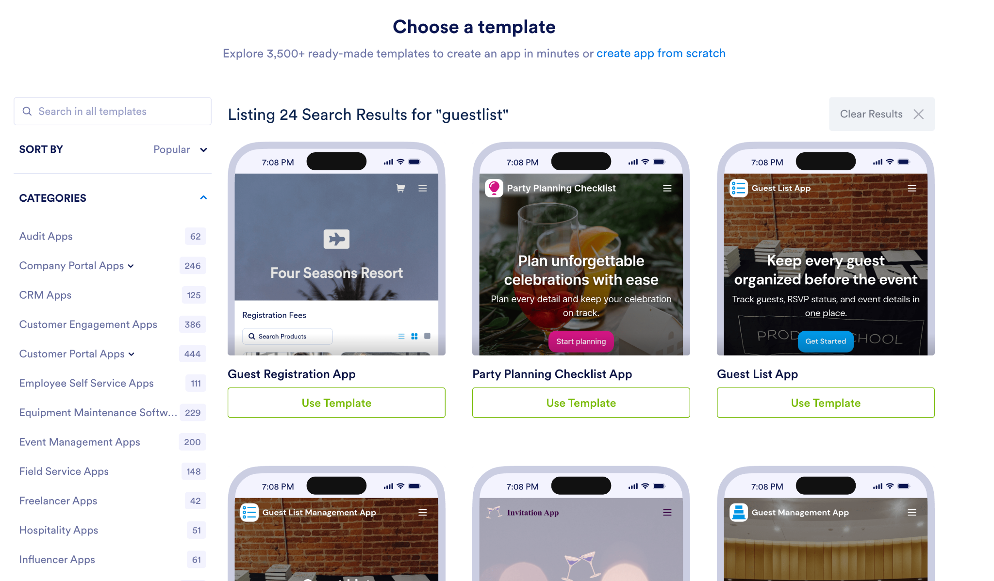 Galleria di modelli di Jotform Apps che mostra modelli di app per liste di invitati e organizzazione di eventi