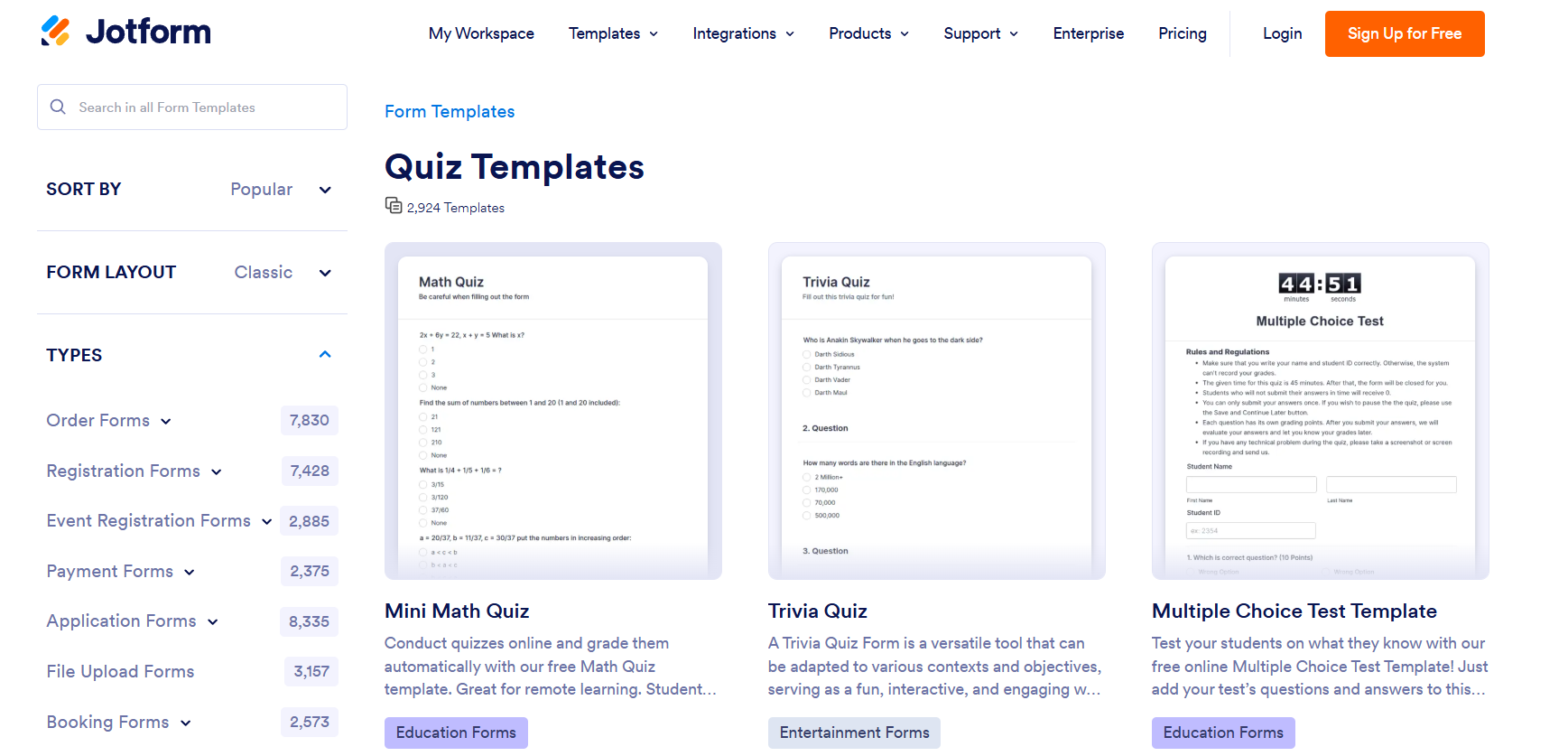 Jotform Quiz Templates gallery displaying math, trivia, and multiple-choice quiz templates