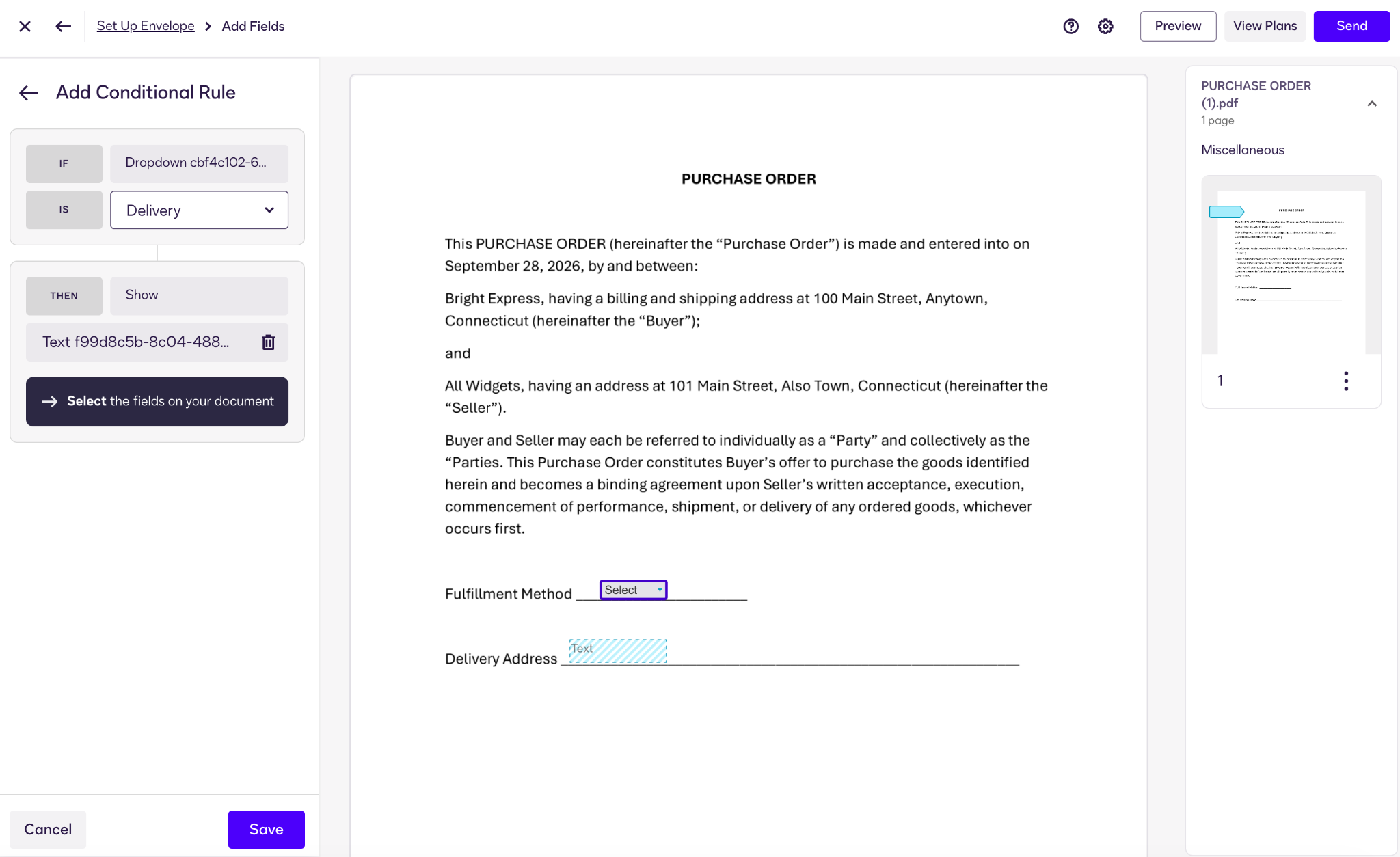 Docusign interface showing the "Add Conditional Rule" options in the field properties panel