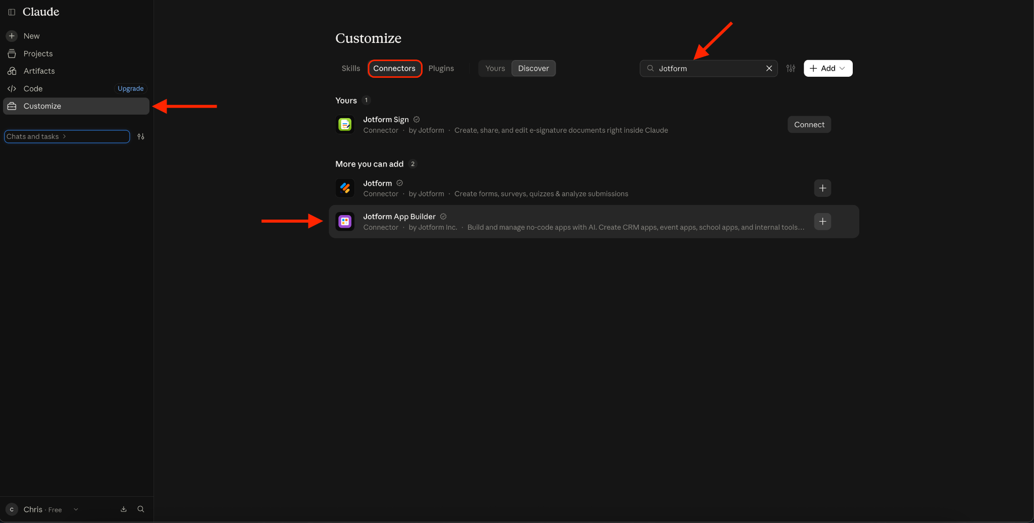 Click the Customize tab in Claude, go to the Connectors tab, search for "Jotform" in the search bar, and select App Builder