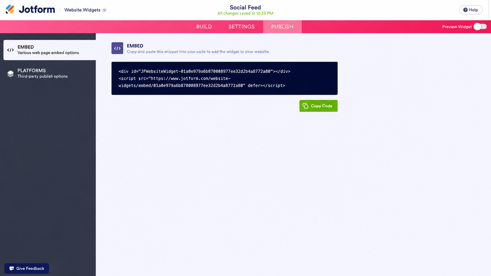 Jotform Social Feed publish screen showing the embed code and green “Copy Code” button