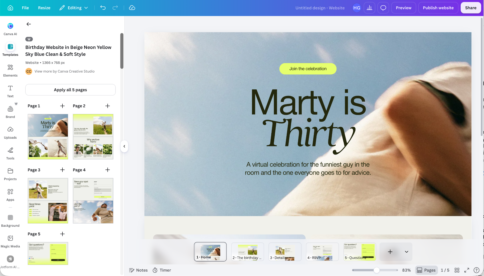 Editor di siti web Canva che mostra un modello di sito per eventi di compleanno con più pagine