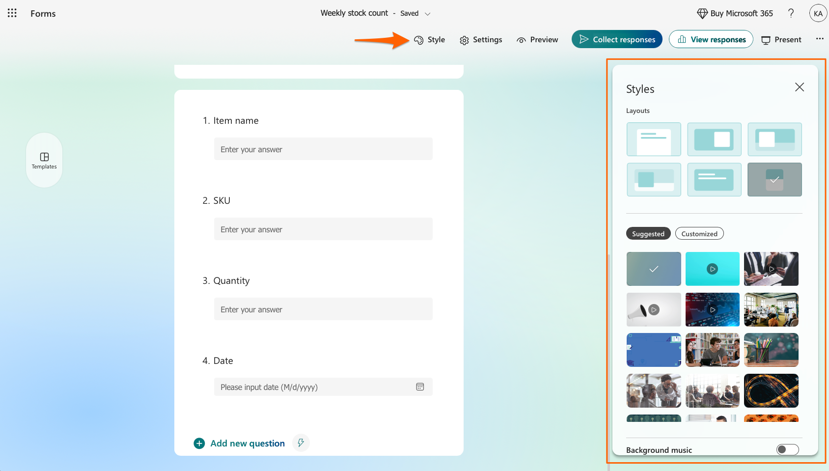 Formulario de inventario de Microsoft Forms con cuatro preguntas y el panel de personalización de Estilo abierto