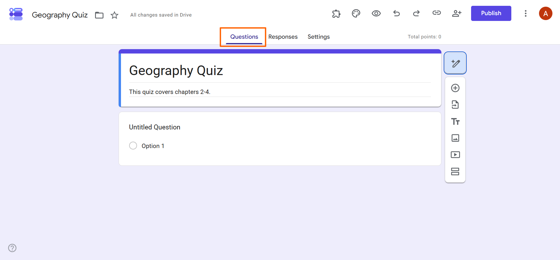 Google Forms Geography Quiz editor with the Questions tab highlighted