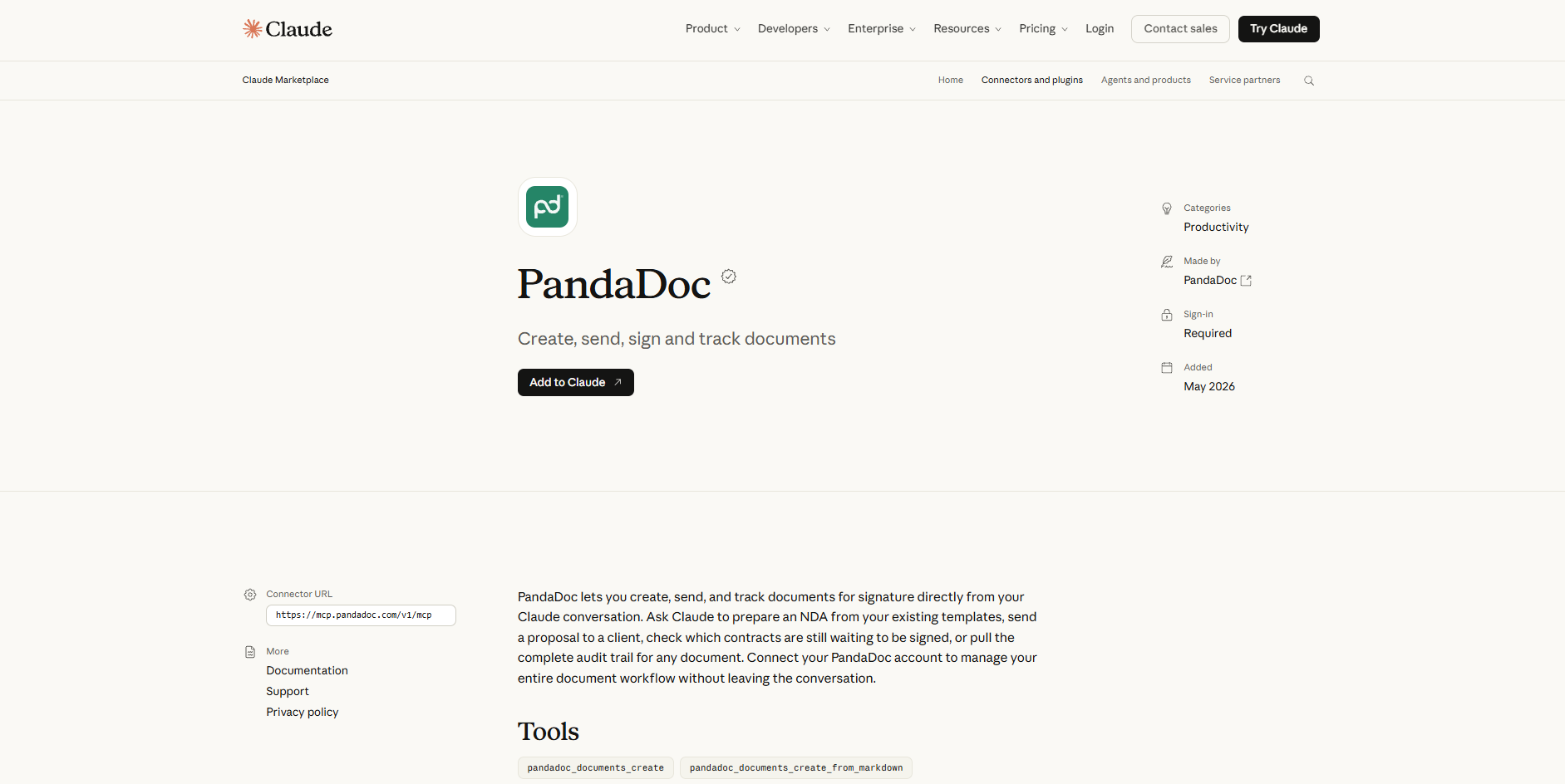 PandaDoc connector listing in Claude directory for creating sending and tracking documents